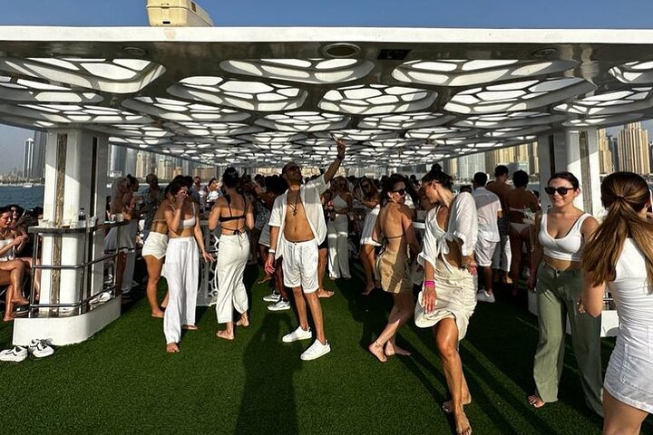 Savor unforgettable moments aboard the Lotus Mega Yacht where chic ambiance meets stunning views of Dubai’s skyline creating the perfect backdrop for an exquisite dining experience.